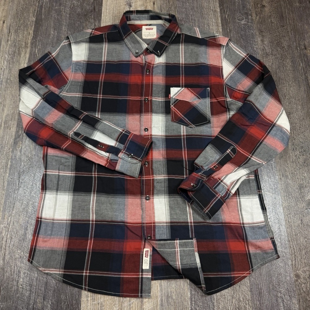 Levis Plaid Button Down Shirt Mens XL Red Blue Long Sleeve Casual Red Tab Pocket